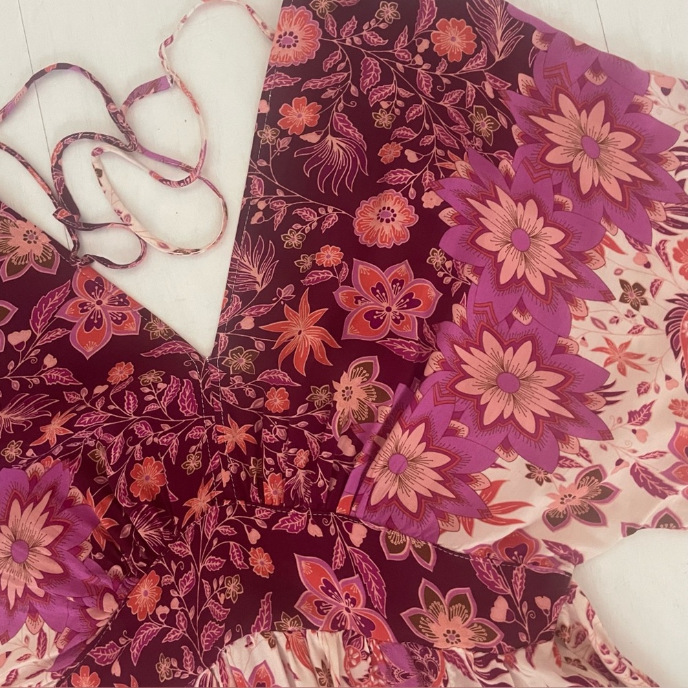 ANTHROPOLOGIE AAKAA Floral V-Neck Kimono Babydoll Mini Dress Pink Red Boho, M - Picture 11 of 17